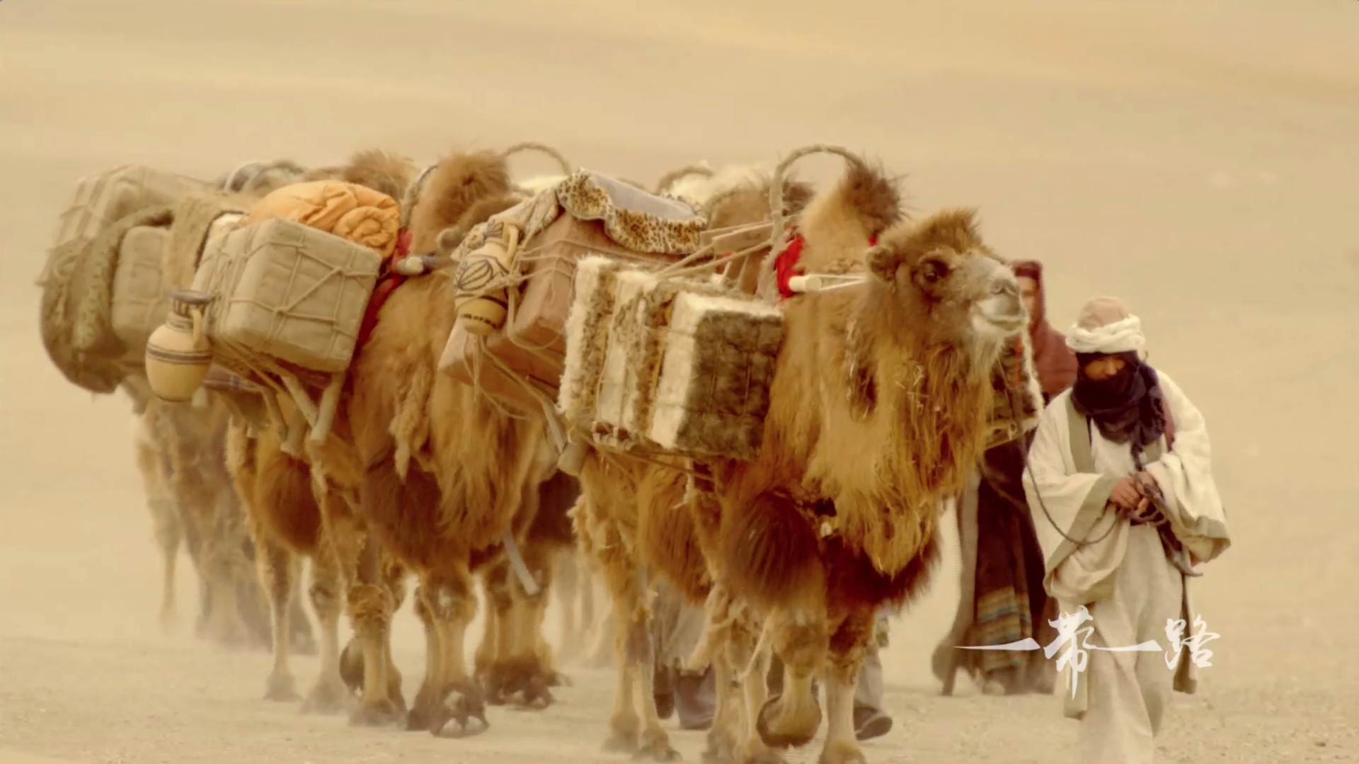 Caravan with camels passing through the desert
